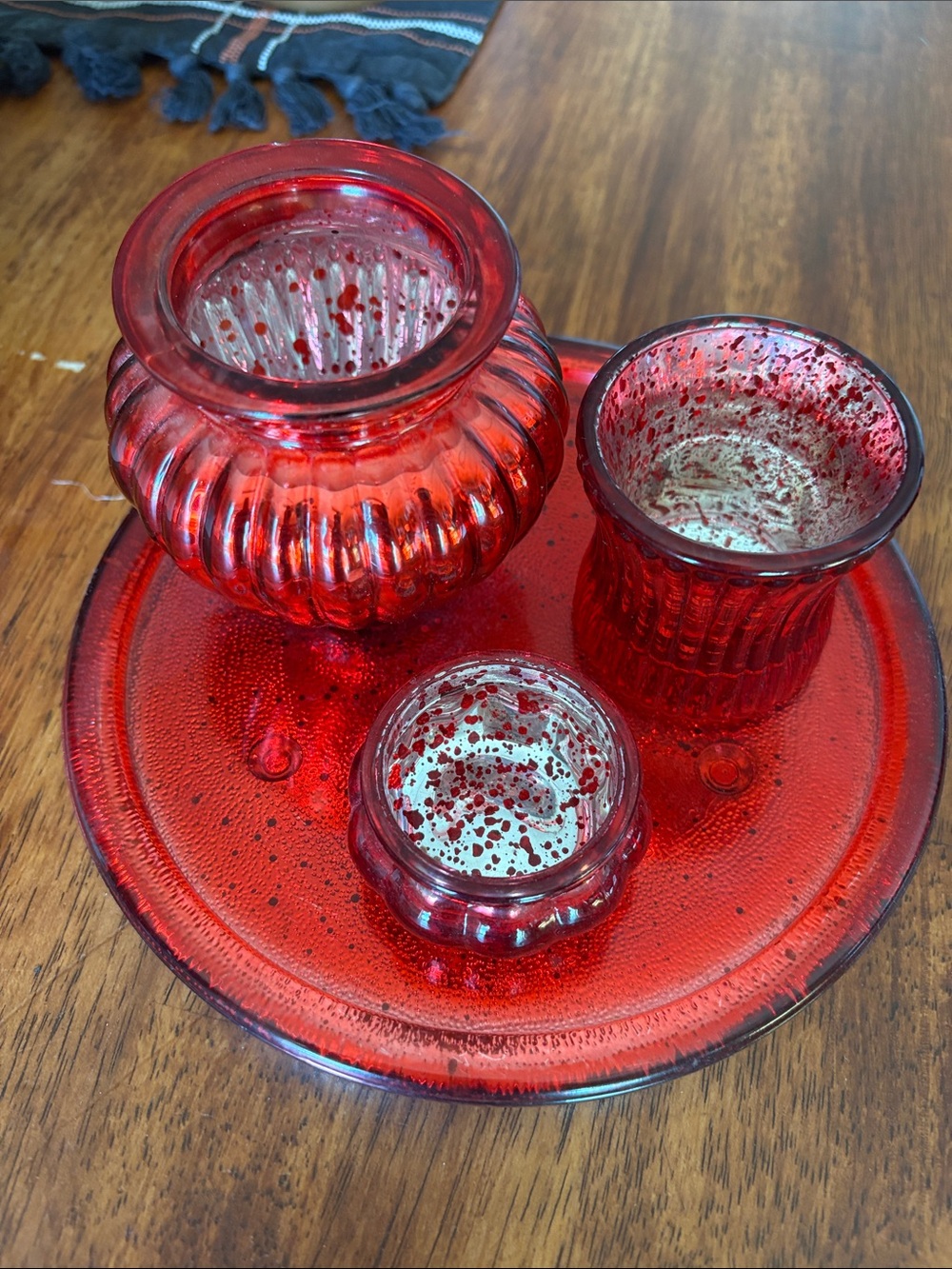Handblown Red Glass Votive Trio with Matching Tray